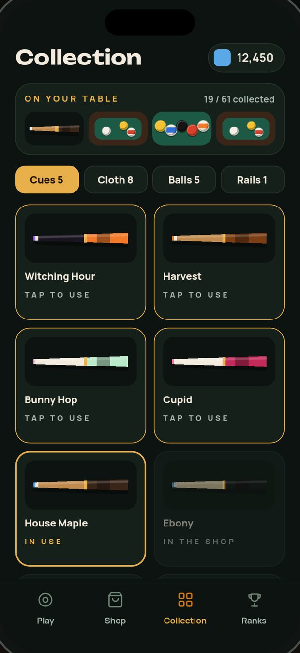 The Collection: cues, cloths, ball sets and rails