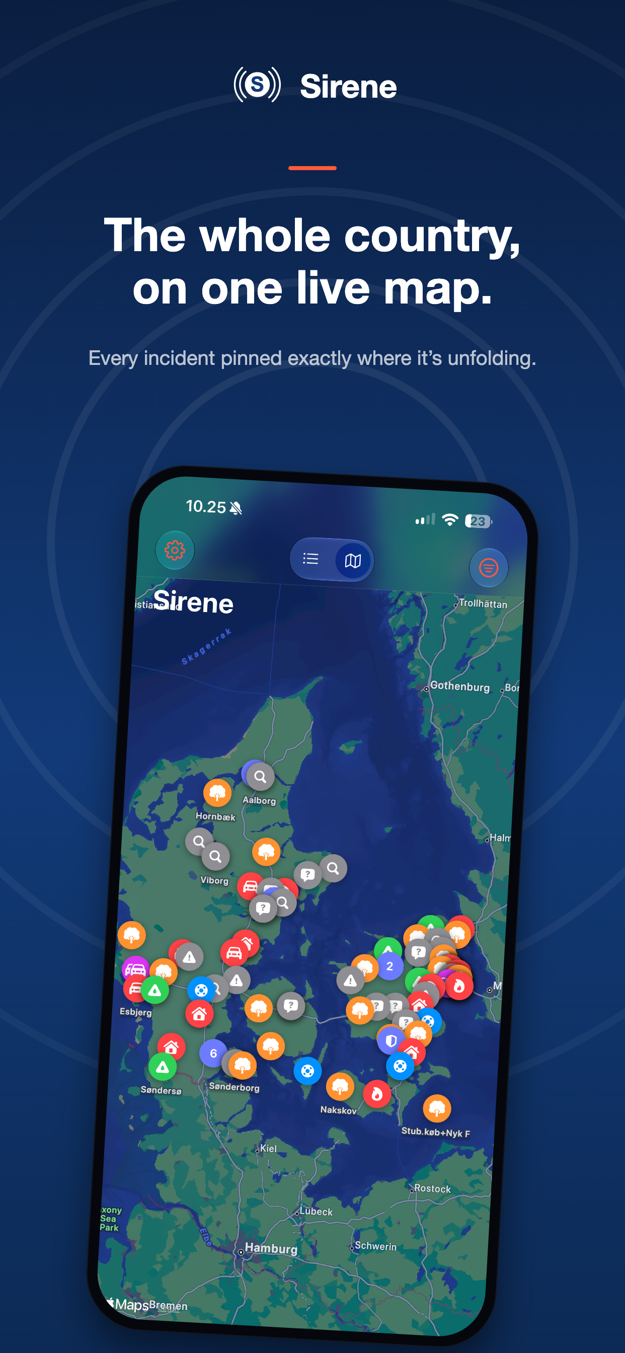 Sirene map of incidents across Denmark